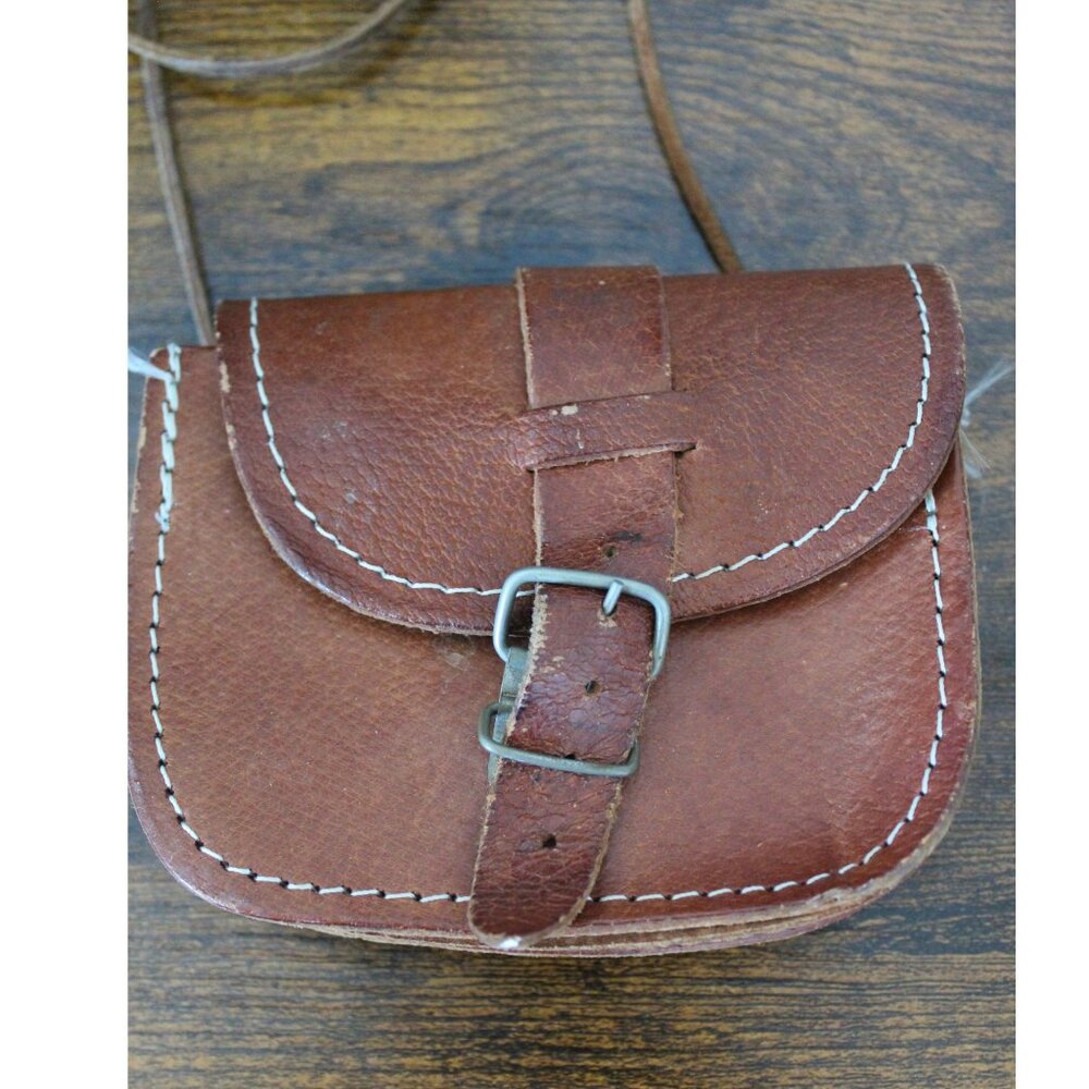 Vintage Hand Tooled Brown Leather Mini Crossbody Bag Boho Hippie Primitive